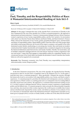 Paul, Timothy, and the Respectability Politics of Race: a Womanist Inter(Con)Textual Reading of Acts 16:1–5