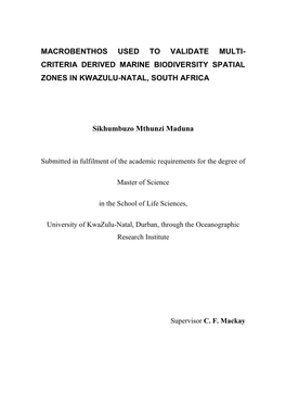 Criteria Derived Marine Biodiversity Spatial Zones in Kwazulu-Natal, South Africa