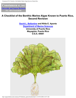 Constancea 83.8: Checklist of the Benthic Marine Algae Known to Puerto Rico