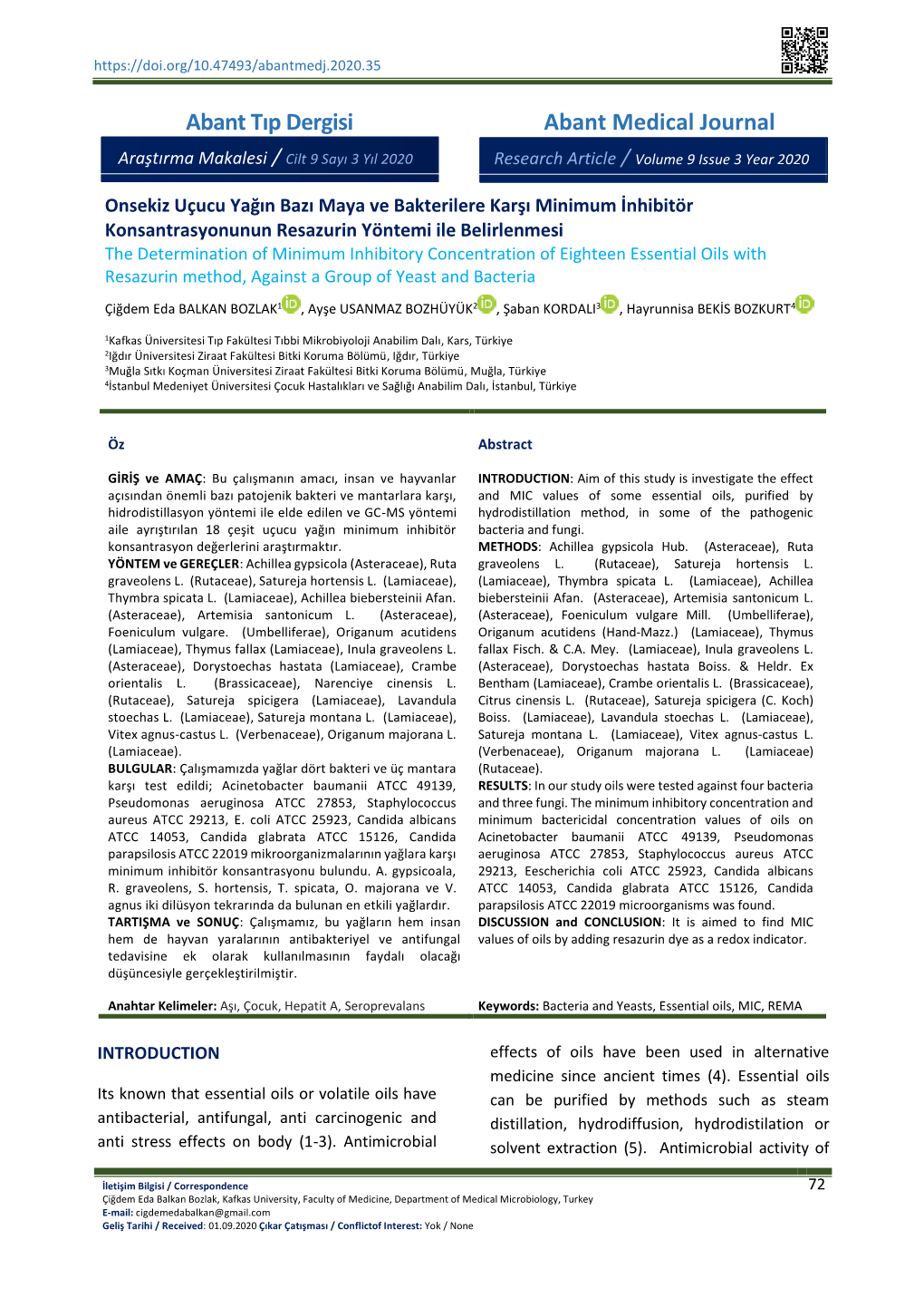 Abant Tıp Dergisi Abant Medical Journal Araştırma Makalesi / Cilt 9 Sayı 3 Yıl 2020 Research Article / Volume 9 Issue 3 Year 2020