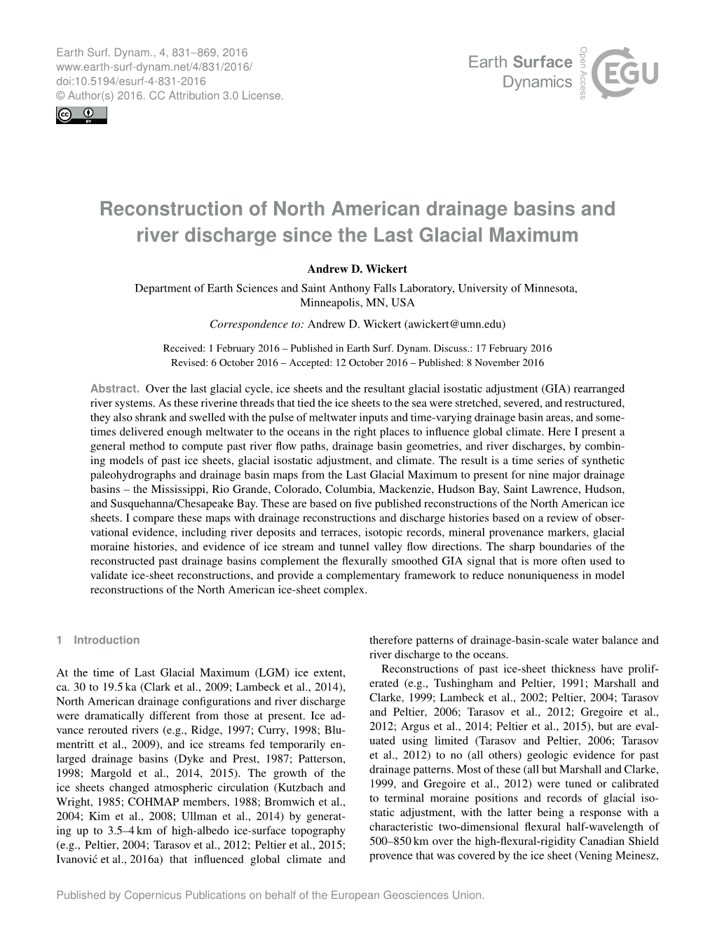 Reconstruction of North American Drainage Basins and River Discharge Since the Last Glacial Maximum