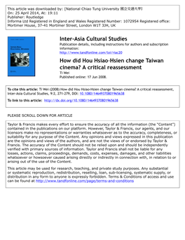 Inter-Asia Cultural Studies How Did Hou Hsiao