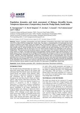 Population Dynamics and Stock Assessment of Delegoa Threadfin Bream, Nemipterus Bipunctatus (Nemipteridae), from the Wadge Bank, South India