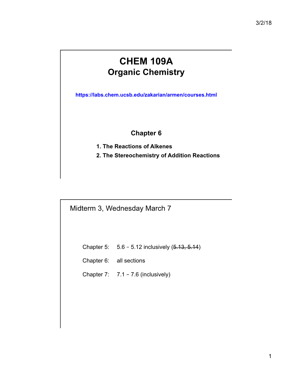 CHEM 109A Organic Chemistry