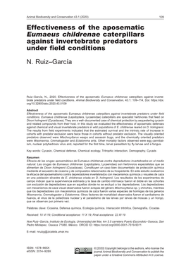 Eumaeus Childrenae Caterpillars Against Invertebrate Predators Under Field Conditions