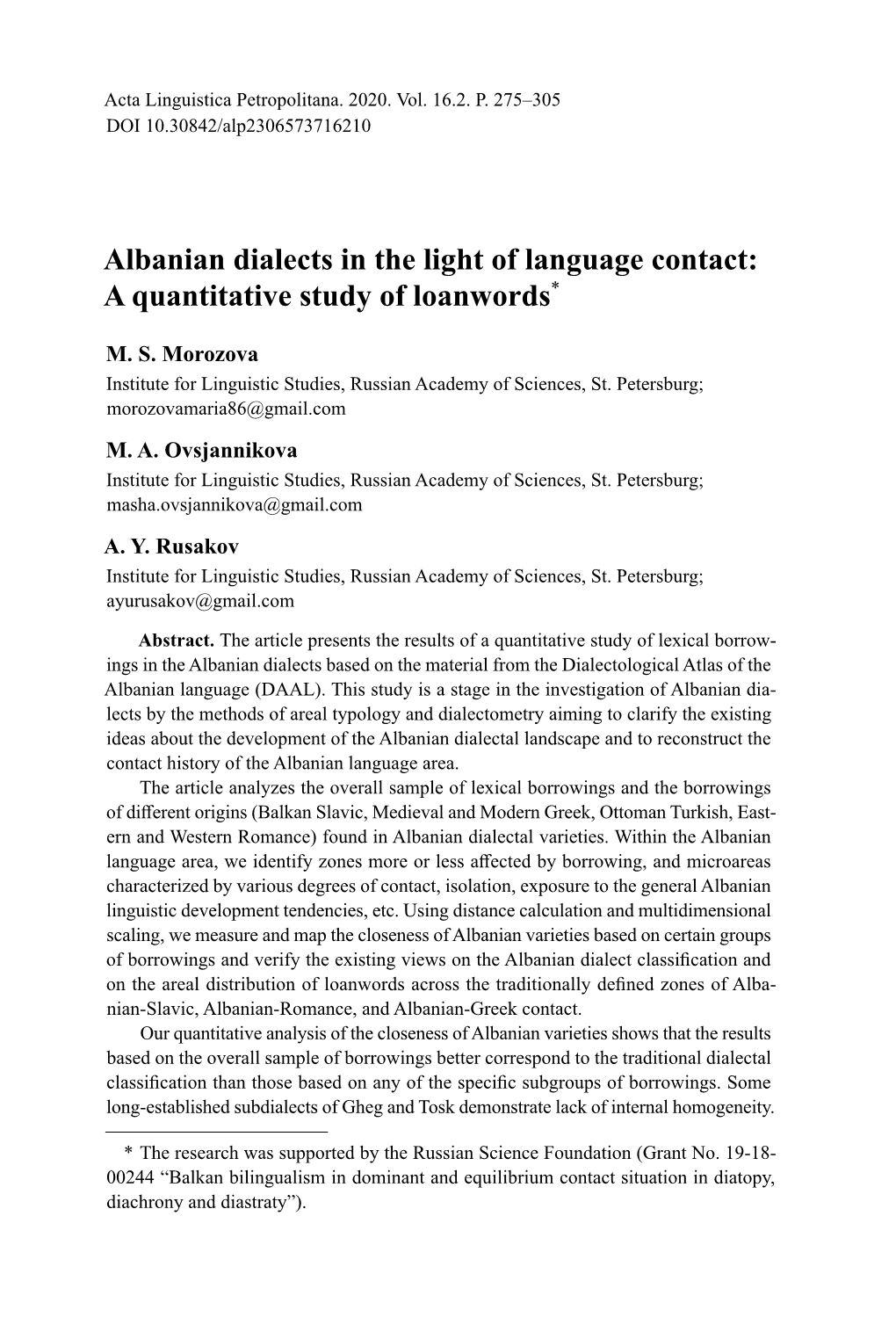 Albanian Dialects in the Light of Language Contact: a Quantitative Study of Loanwords*