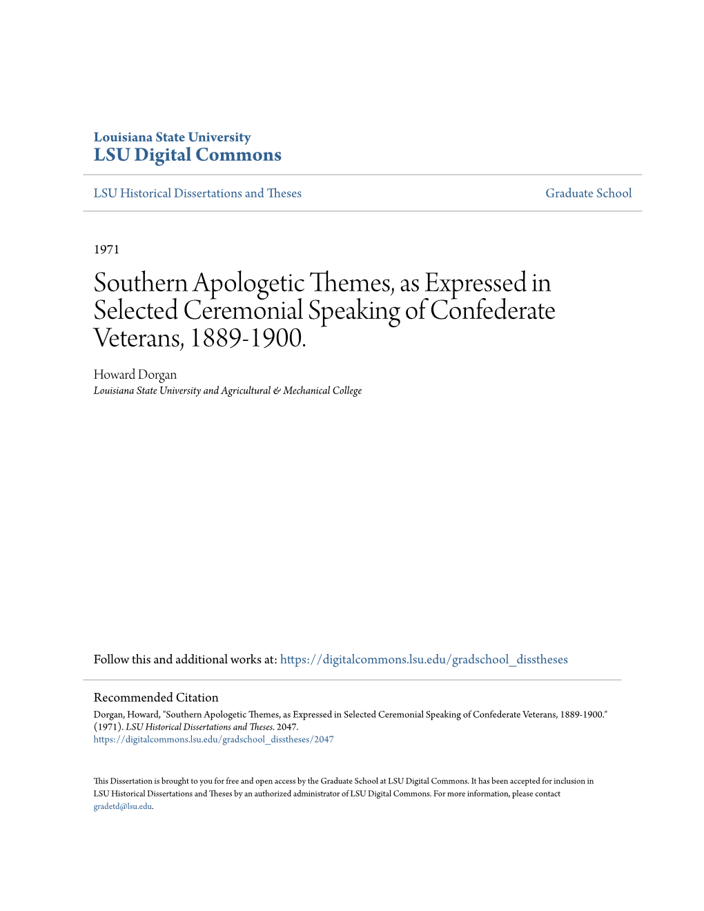 Southern Apologetic Themes, As Expressed in Selected Ceremonial Speaking of Confederate Veterans, 1889-1900