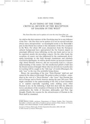 Play-Thing of the Times: Critical Review of the Reception of Daoism in the West1