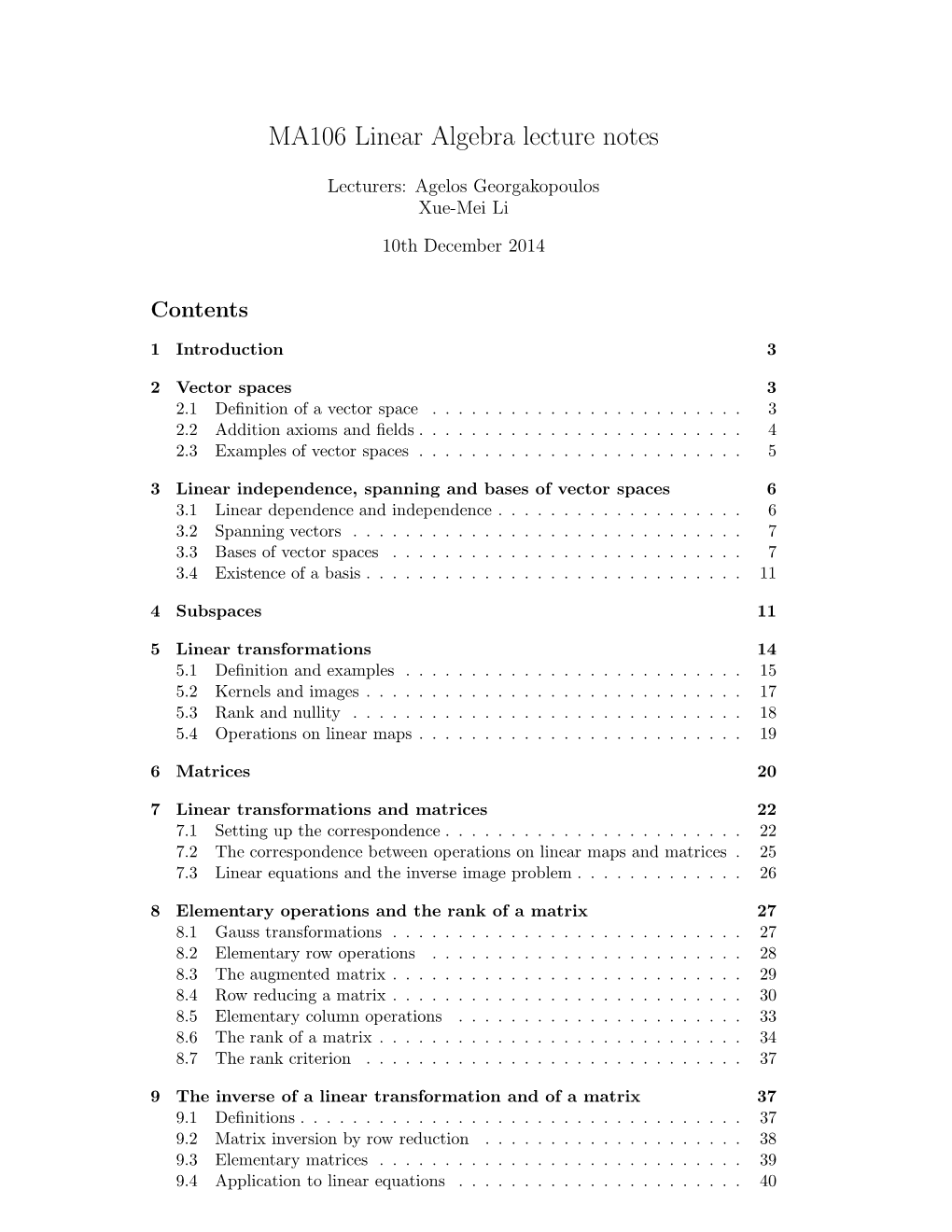 MA106 Linear Algebra Lecture Notes