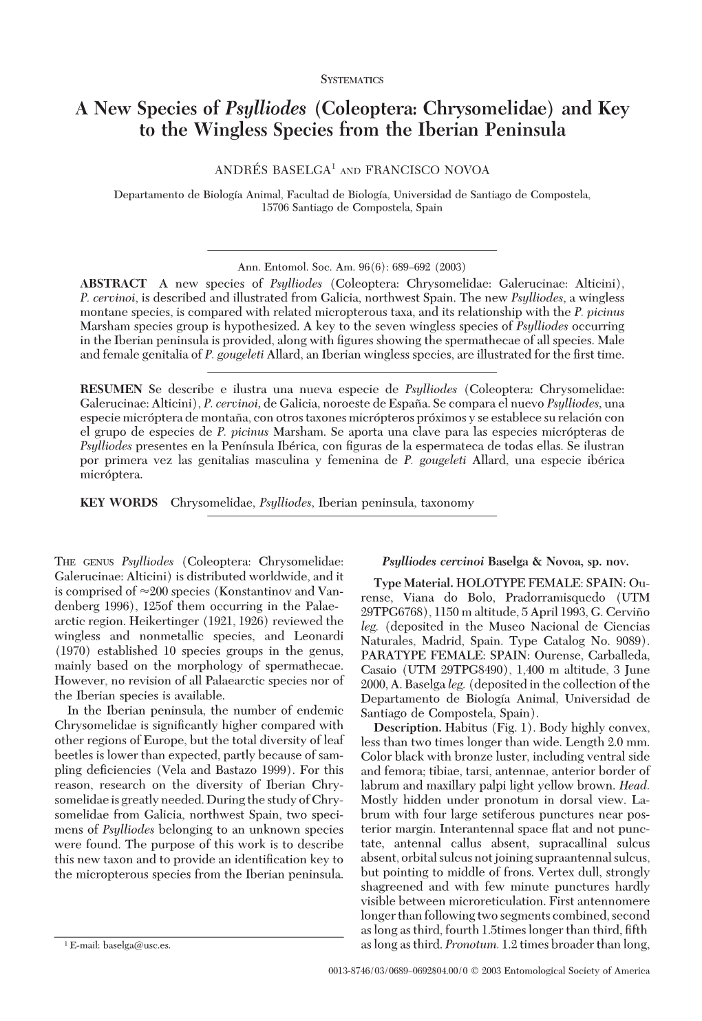 A New Species of Psylliodes (Coleoptera: Chrysomelidae) and Key to the Wingless Species from the Iberian Peninsula