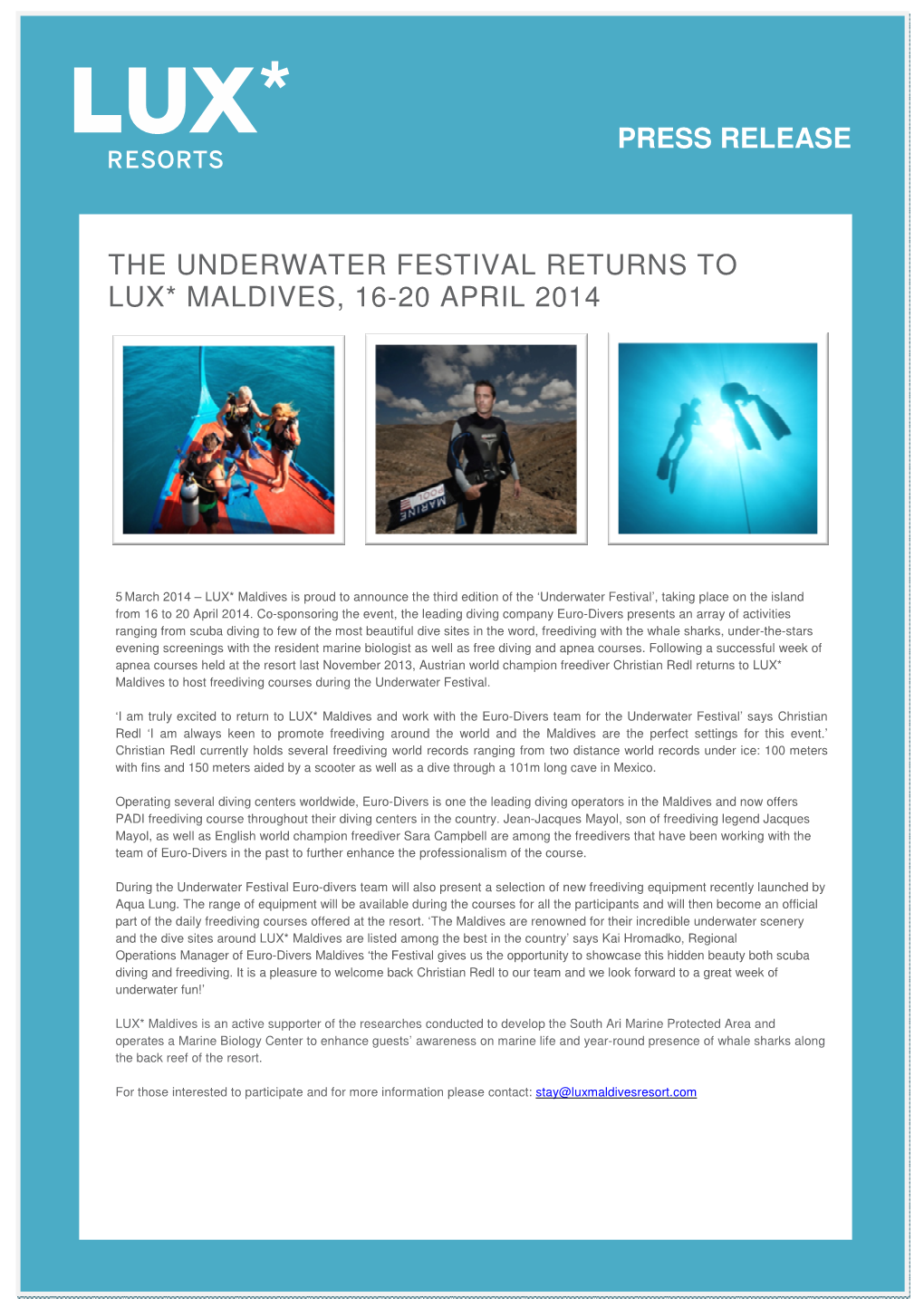 The Underwater Festival Returns to Lux* Maldives, 16-20 April 2014