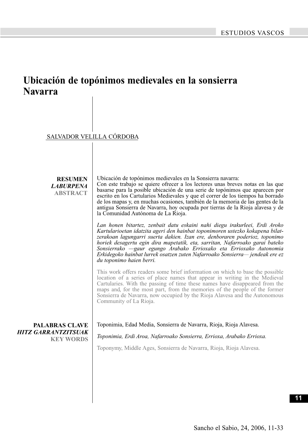 Ubicación De Topónimos Medievales En La Sonsierra Navarra