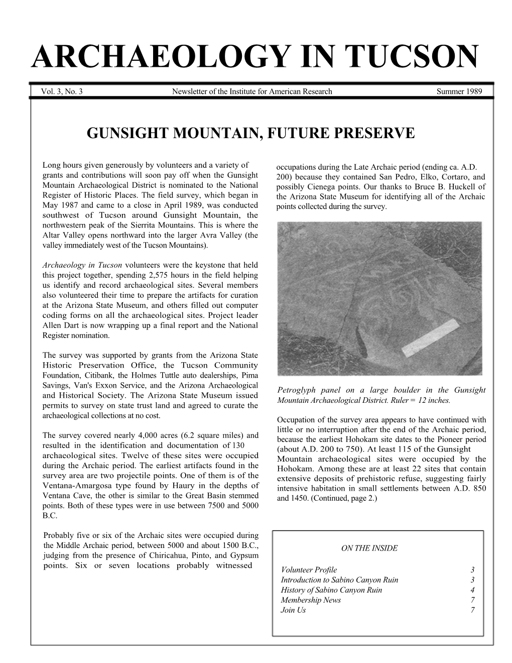 Sabino Canyon Ruin 3 History of Sabino Canyon Ruin 4 Membership News 7 Join Us 7