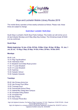 Skye and Lochalsh Mobile Library Routes 2019