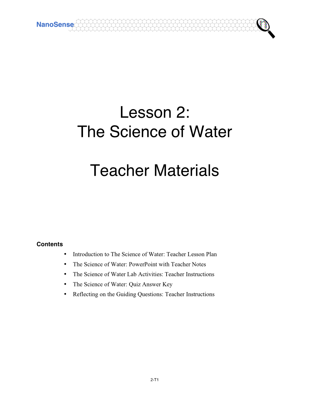 Lesson 2: the Science of Water Teacher Materials