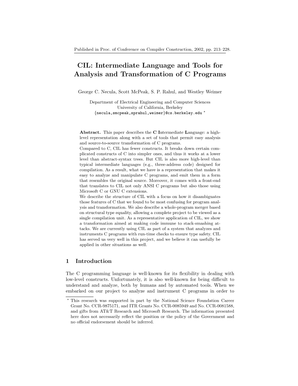 CIL: Intermediate Language and Tools for Analysis and Transformation of C Programs