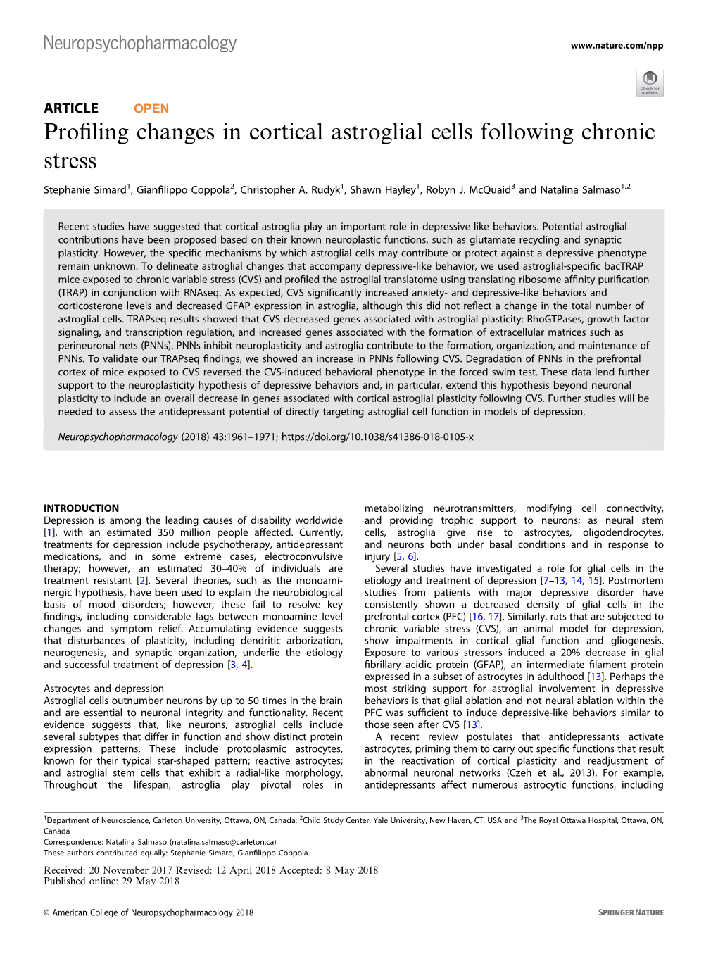 Profiling Changes in Cortical Astroglial Cells Following Chronic Stress