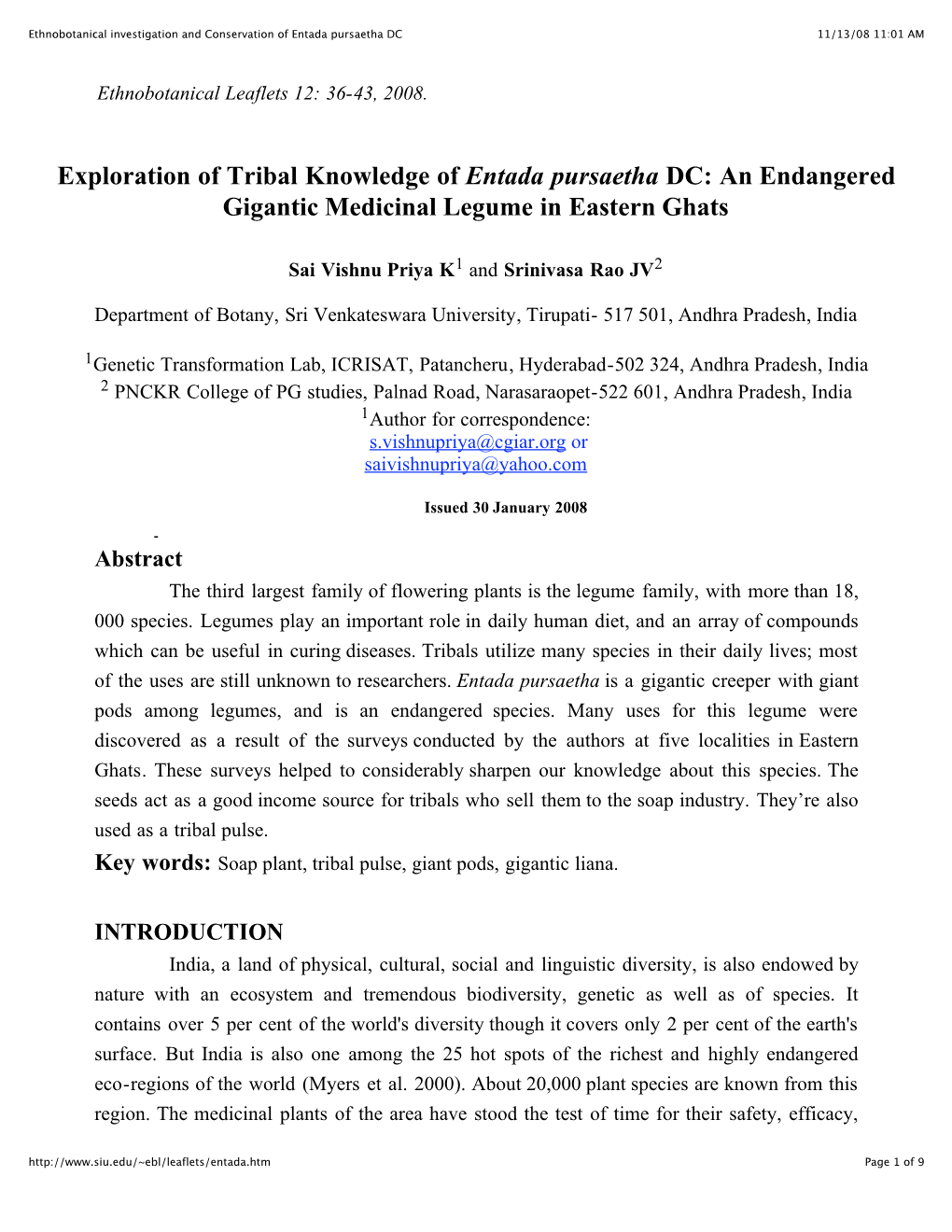 Exploration of Tribal Knowledge of Entada Pursaetha DC: an Endangered Gigantic Medicinal Legume in Eastern Ghats