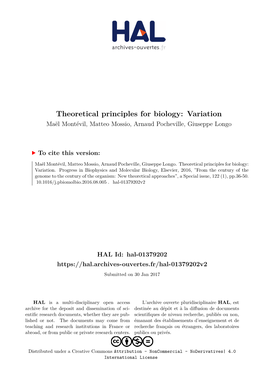 Theoretical Principles for Biology: Variation Maël Montévil, Matteo Mossio, Arnaud Pocheville, Giuseppe Longo