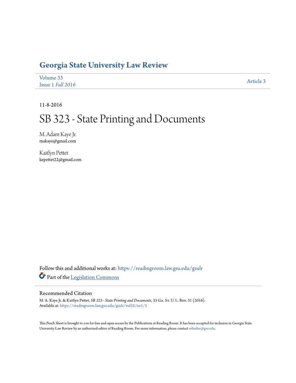 SB 323 - State Printing and Documents M