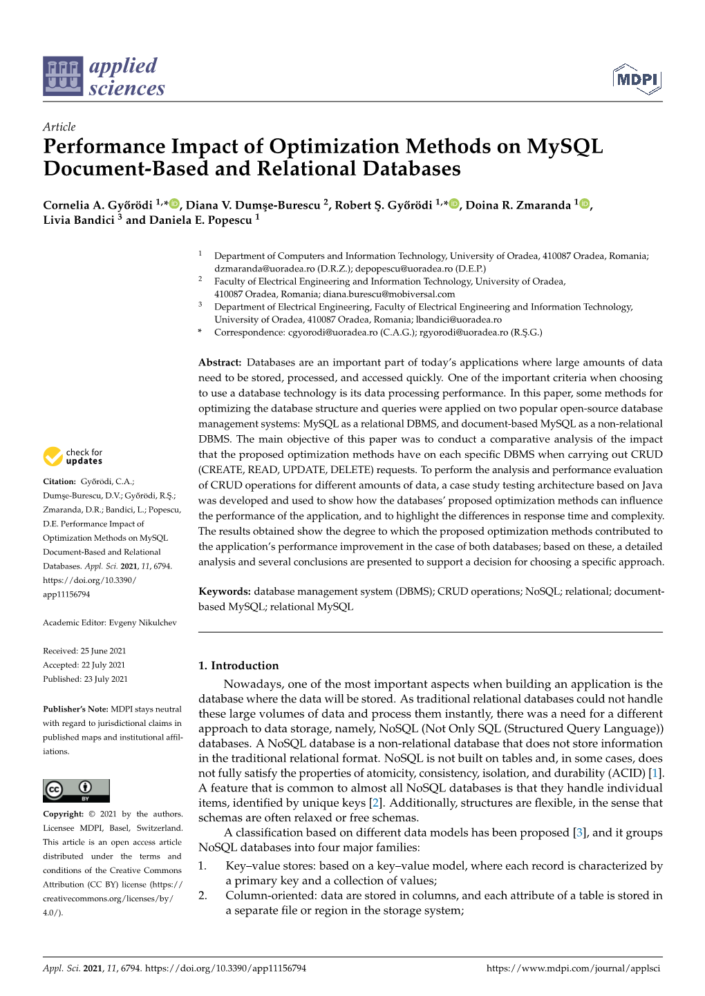 Performance Impact of Optimization Methods on Mysql Document-Based and Relational Databases