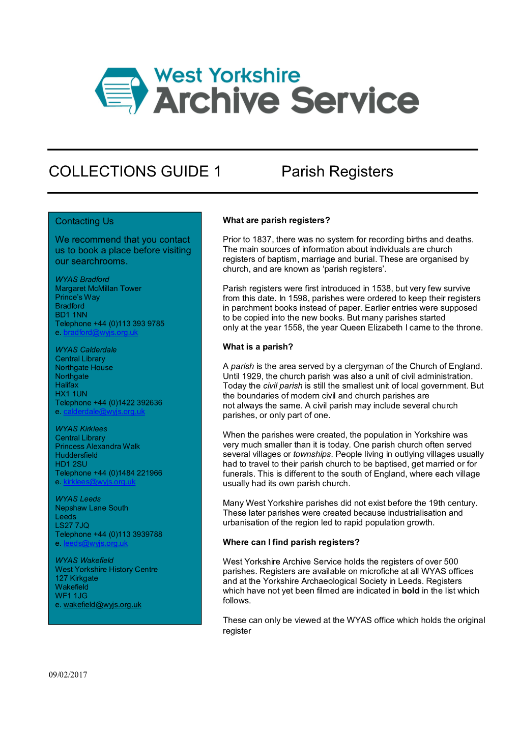 COLLECTIONS GUIDE 1 Parish Registers