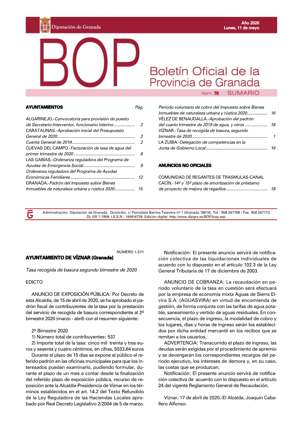 (Granada) Tasa Recogida De Basura Segundo Bimestre De 2020 EDICTO