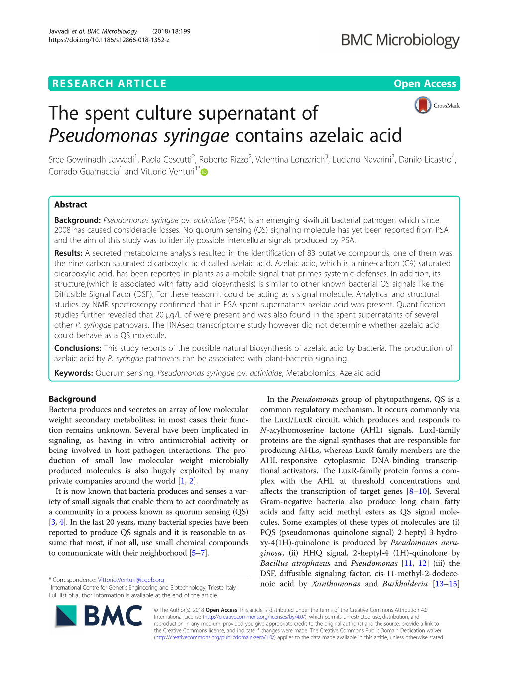 The Spent Culture Supernatant of Pseudomonas Syringae Contains Azelaic Acid