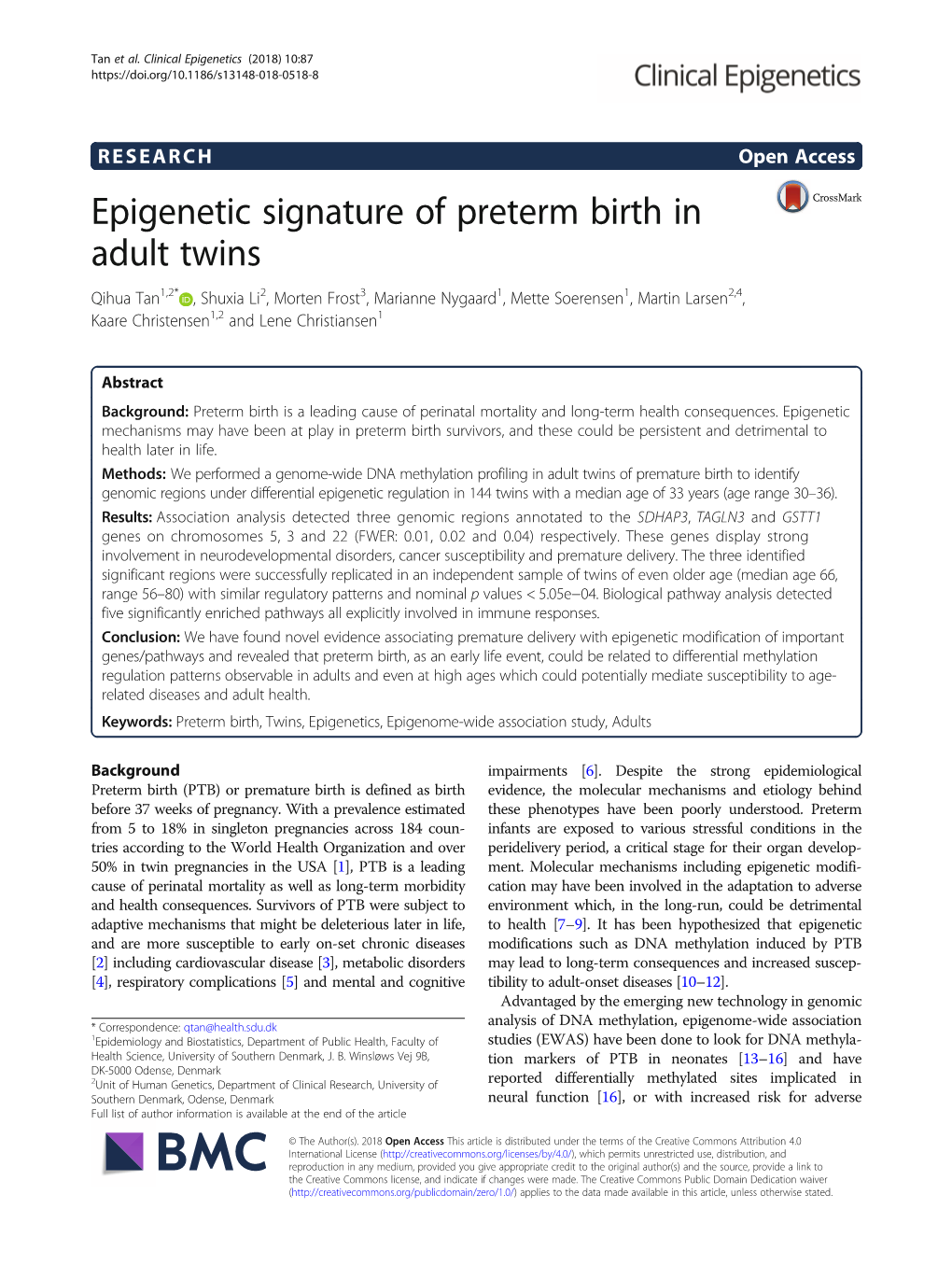 Epigenetic Signature of Preterm Birth in Adult Twins
