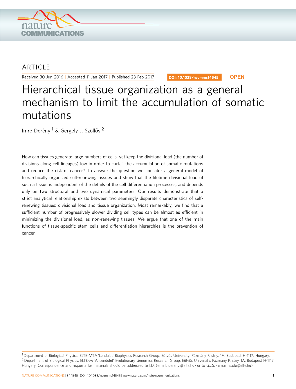 Hierarchical Tissue Organization As a General Mechanism to Limit the Accumulation of Somatic Mutations