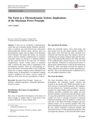 The Farm As a Thermodynamic System: Implications of the Maximum Power Principle