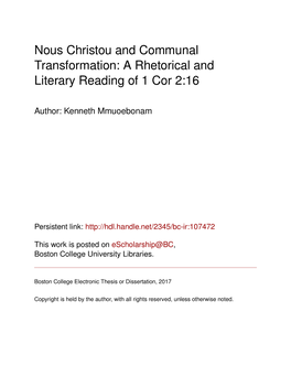 Nous Christou and Communal Transformation: a Rhetorical and Literary Reading of 1 Cor 2:16