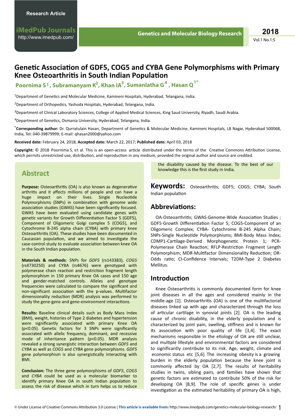Genetic Association of GDF5, COG5 and CYBA Gene Polymorphisms