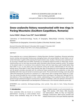 Snow–Avalanche History Reconstructed with Tree Rings in Parâng Mountains (Southern Carpathians, Romania)