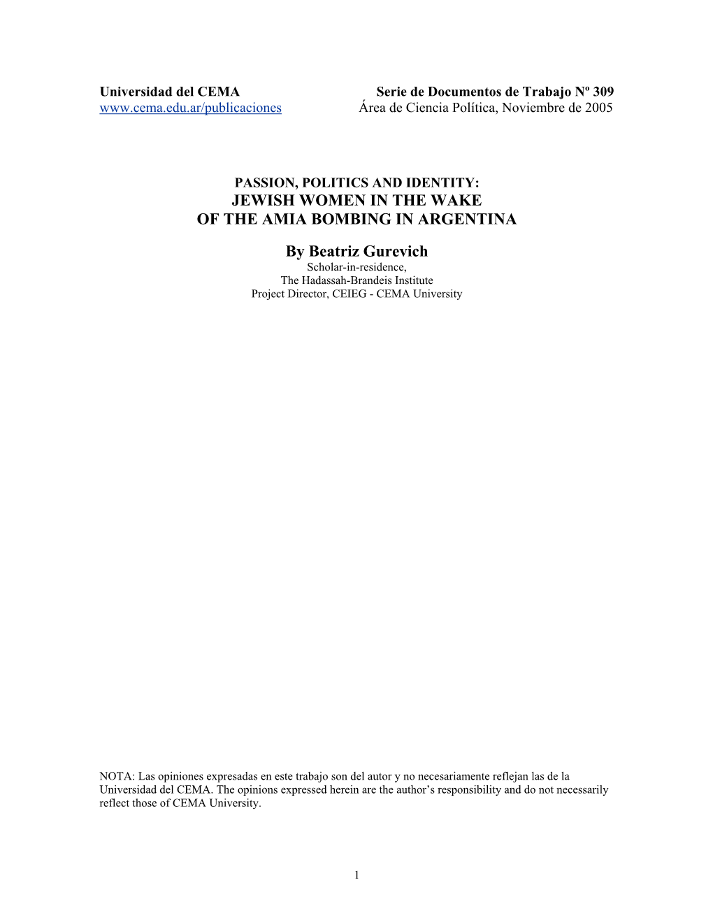 Universidad Del CEMA Serie De Documentos De Trabajo Nº 309 Área De Ciencia Política, Noviembre De 2005