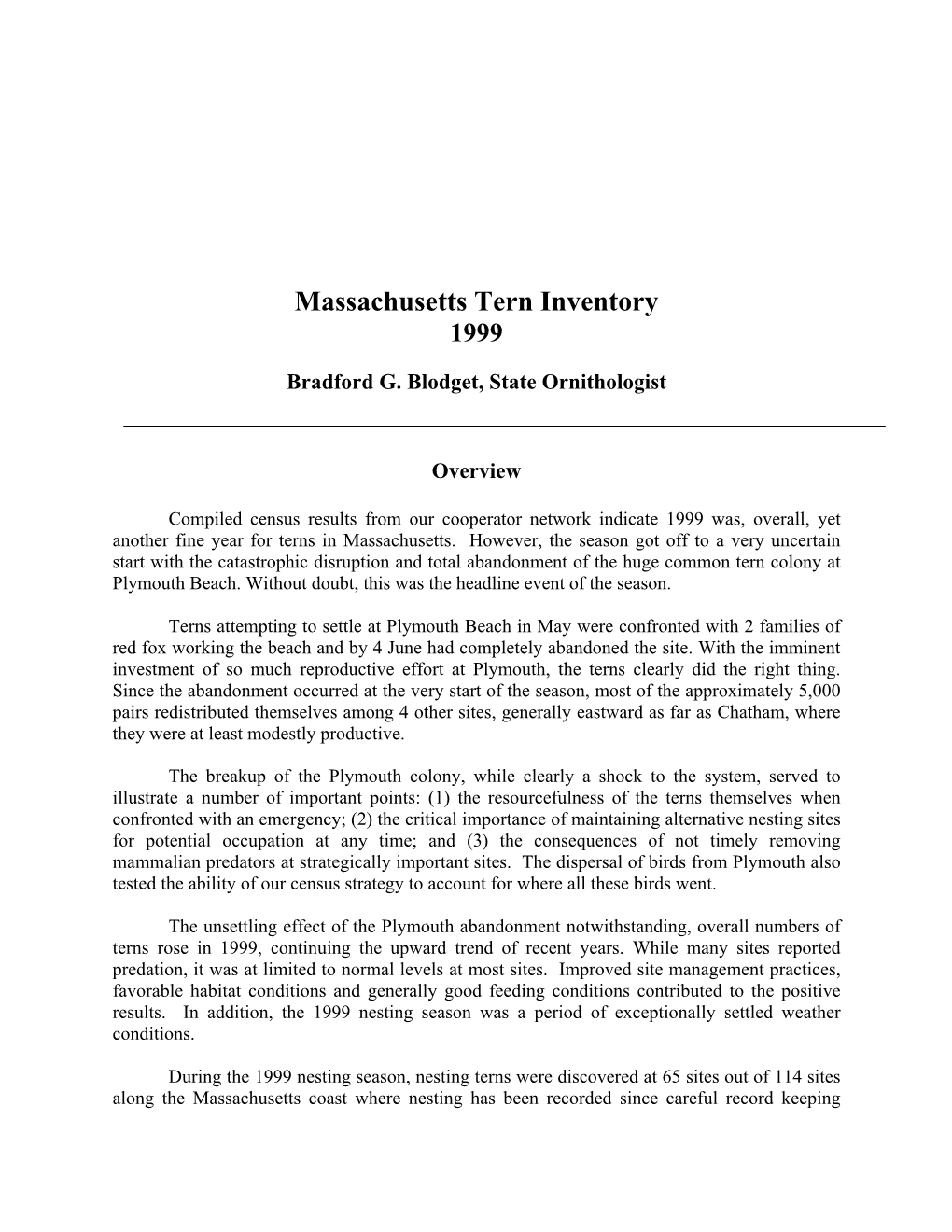 Massachusetts Tern Inventory 1999