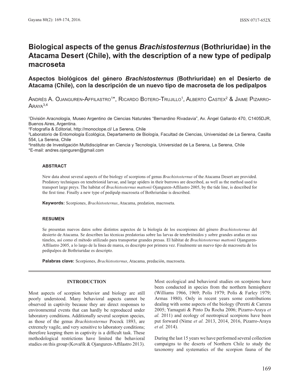 Aspectos Biológicos Del Género Brachistosternus (Bothriuridae) En El Desierto De Atacama (Chile), Con La Descripción De Un Nuevo Tipo De Macroseta De Los Pedipalpos