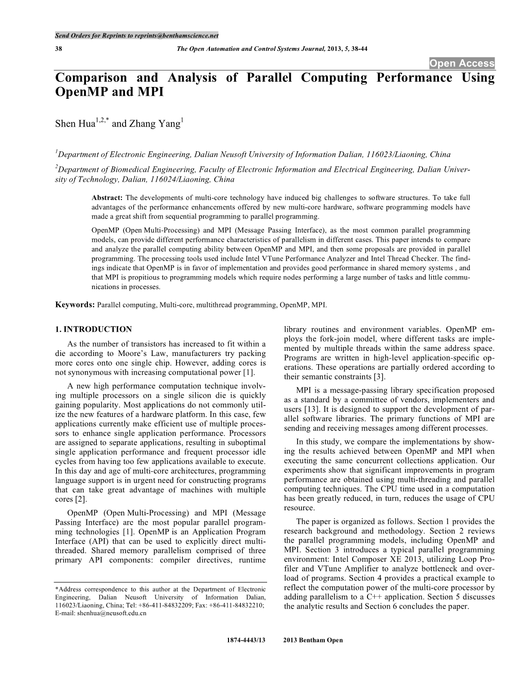 Comparison and Analysis of Parallel Computing Performance Using Openmp and MPI