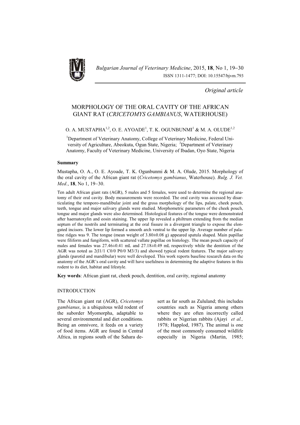 Morphology of the Oral Cavity of the African Giant Rat (Cricetomys Gambianus, Waterhouse)