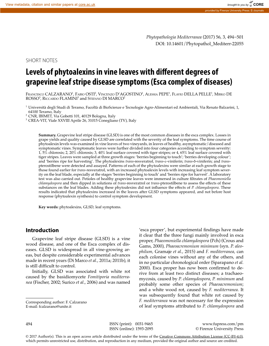 Levels of Phytoalexins in Vine Leaves with Different Degrees of Grapevine Leaf Stripe Disease Symptoms (Esca Complex of Diseases)