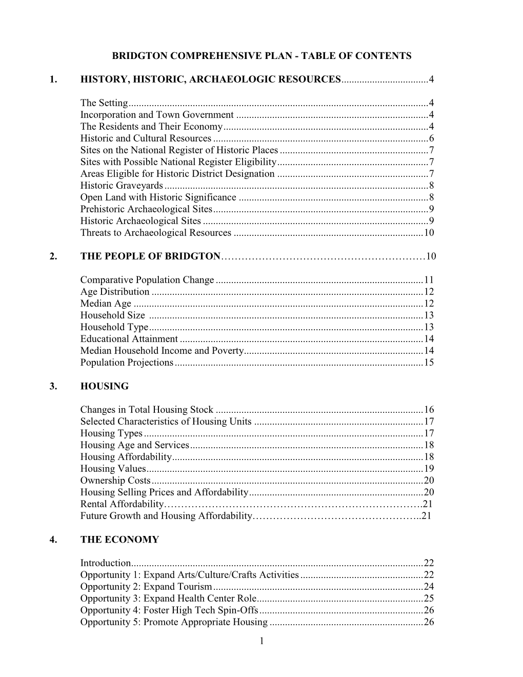 Bridgton Comprehensive Plan - Table of Contents