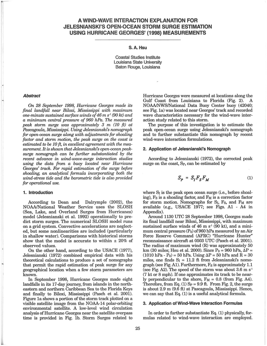 A Wind-Wave Interaction Explanation for Jelesnianski's Open-Ocean Storm Surge Estimation Using Hurricane Georges' (1998) Measurements