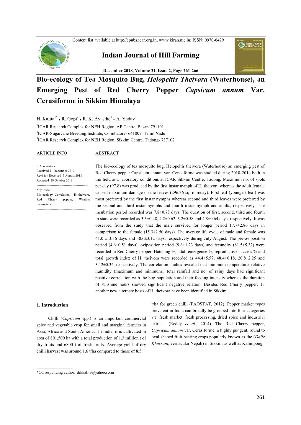 Bio Ecology of Tea Mosquito Bug, Helopeltis Theivora