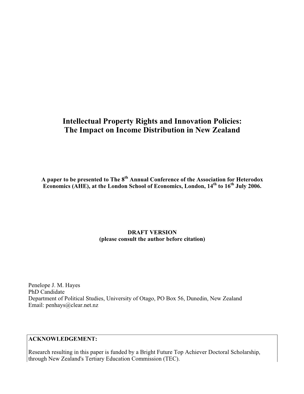Intellectual Property Rights and Innovation Policies: the Impact on Income Distribution in New Zealand
