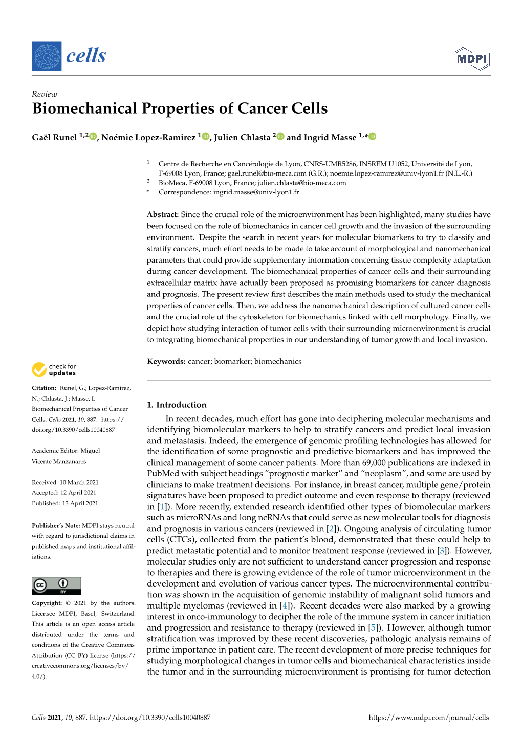 Biomechanical Properties of Cancer Cells