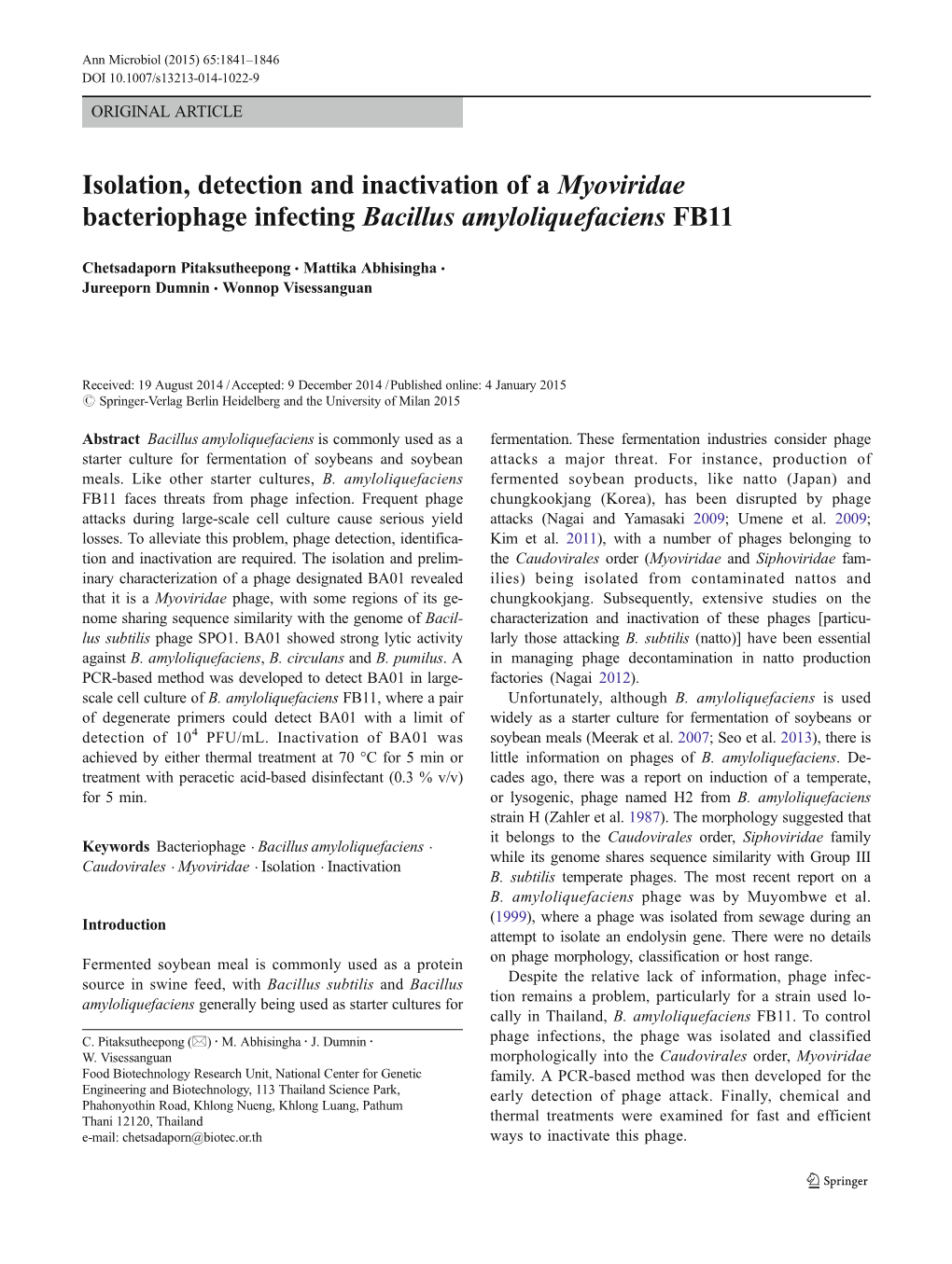 Isolation, Detection and Inactivation of a Myoviridae Bacteriophage Infecting Bacillus Amyloliquefaciens FB11