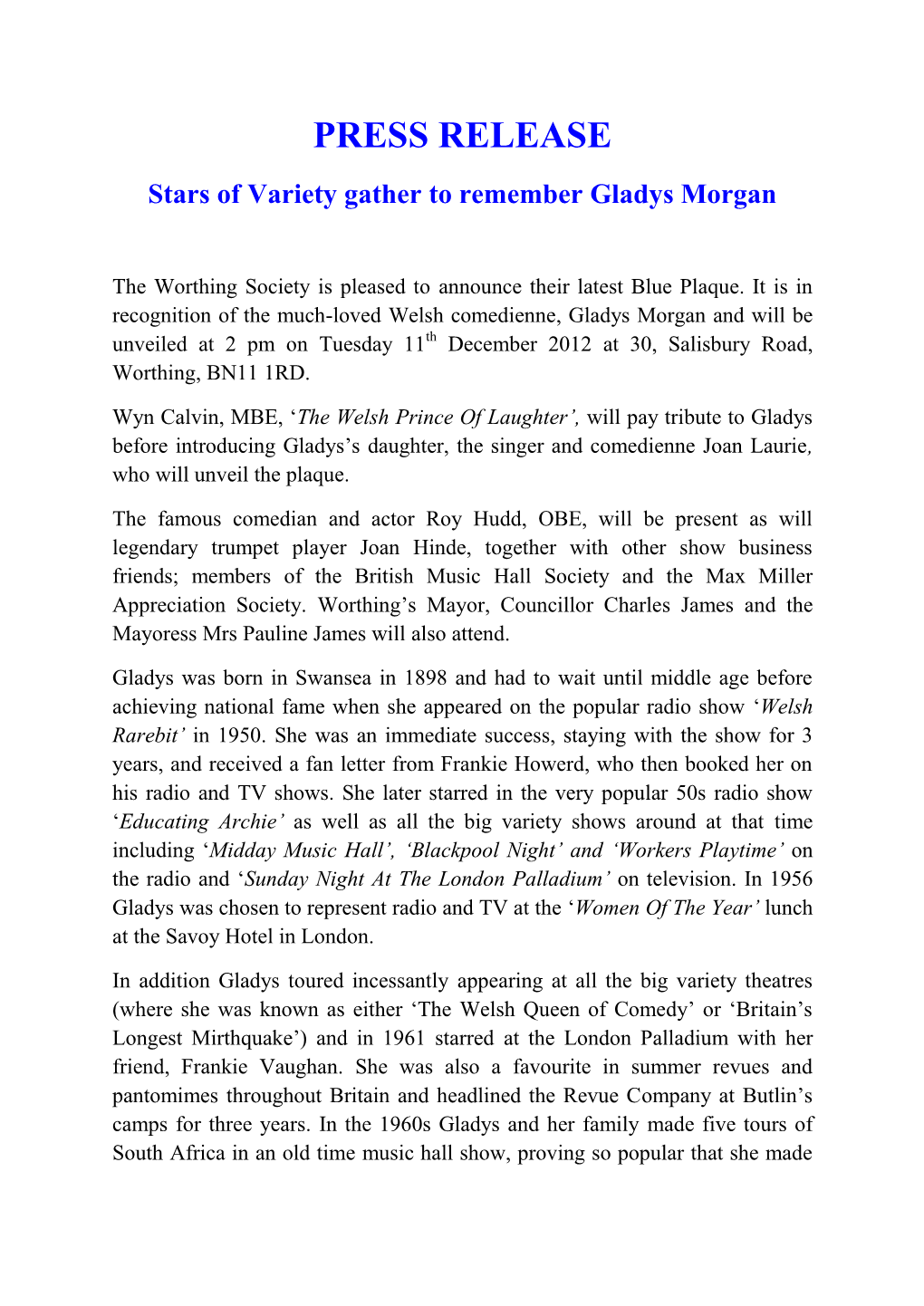 PRESS RELEASE Stars of Variety Gather to Remember Gladys Morgan