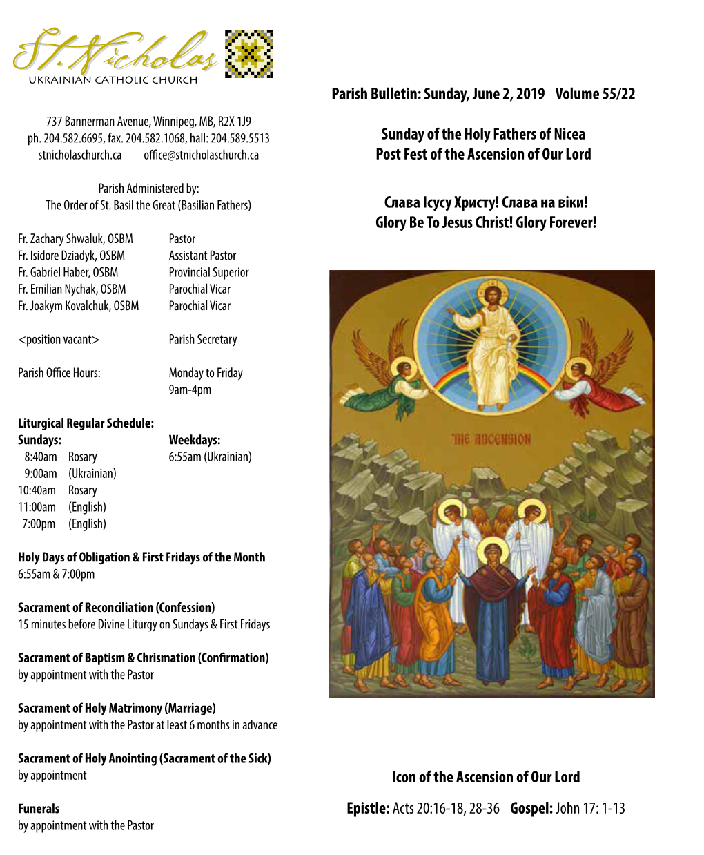 Parish Bulletin: Sunday, June 2, 2019 Volume 55/22 Sunday of the Holy