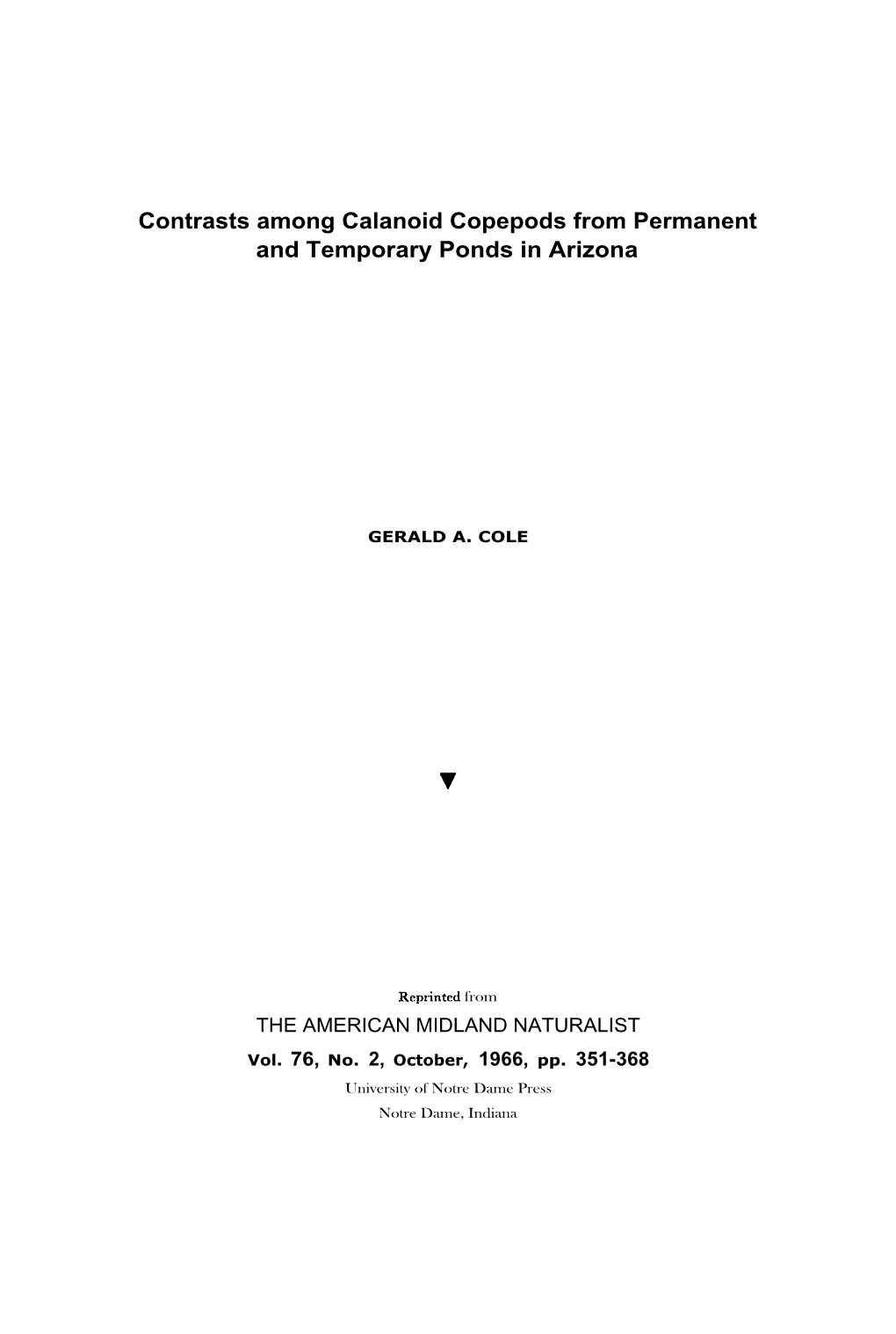 Contrasts Among Calanoid Copepods from Permanent and Temporary Ponds in Arizona