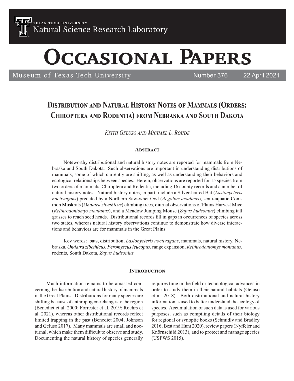 Distribution and Natural History Notes of Mammals (Orders: Chiroptera and Rodentia) from Nebraska and South Dakota